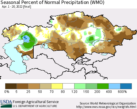 Kazakhstan Seasonal Percent of Normal Precipitation (WMO) Thematic Map For 4/1/2022 - 4/20/2022