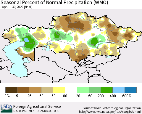 Kazakhstan Seasonal Percent of Normal Precipitation (WMO) Thematic Map For 4/1/2022 - 4/30/2022