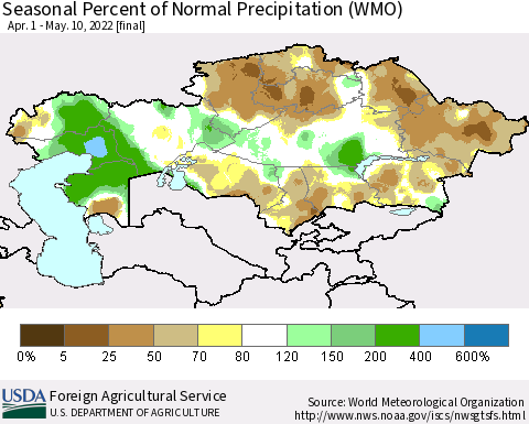Kazakhstan Seasonal Percent of Normal Precipitation (WMO) Thematic Map For 4/1/2022 - 5/10/2022