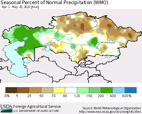 Kazakhstan Seasonal Percent of Normal Precipitation (WMO) Thematic Map For 4/1/2022 - 5/20/2022