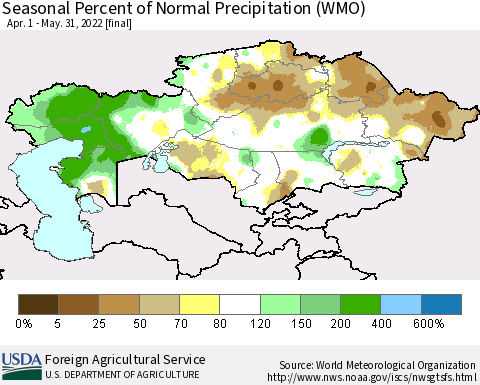 Kazakhstan Seasonal Percent of Normal Precipitation (WMO) Thematic Map For 4/1/2022 - 5/31/2022