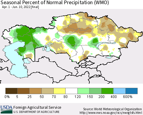 Kazakhstan Seasonal Percent of Normal Precipitation (WMO) Thematic Map For 4/1/2022 - 6/10/2022