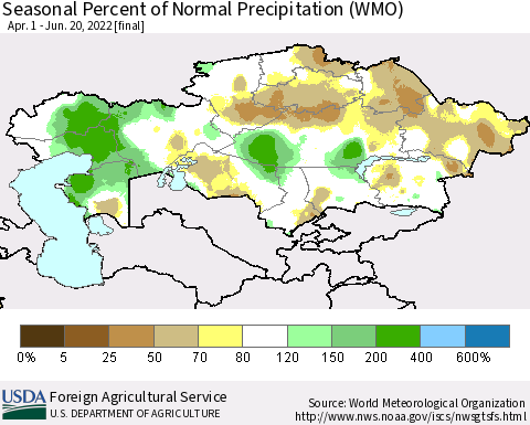 Kazakhstan Seasonal Percent of Normal Precipitation (WMO) Thematic Map For 4/1/2022 - 6/20/2022