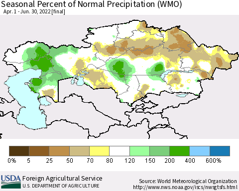 Kazakhstan Seasonal Percent of Normal Precipitation (WMO) Thematic Map For 4/1/2022 - 6/30/2022