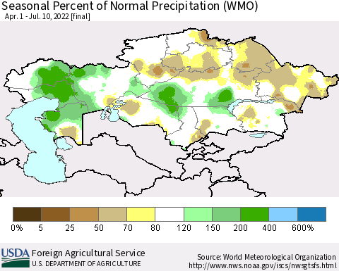 Kazakhstan Seasonal Percent of Normal Precipitation (WMO) Thematic Map For 4/1/2022 - 7/10/2022
