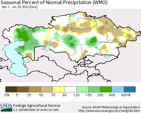 Kazakhstan Seasonal Percent of Normal Precipitation (WMO) Thematic Map For 4/1/2022 - 7/20/2022