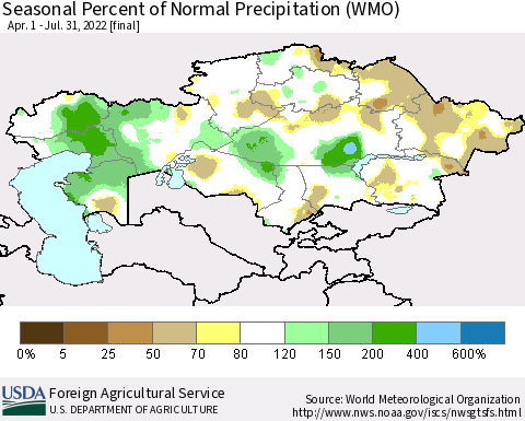 Kazakhstan Seasonal Percent of Normal Precipitation (WMO) Thematic Map For 4/1/2022 - 7/31/2022