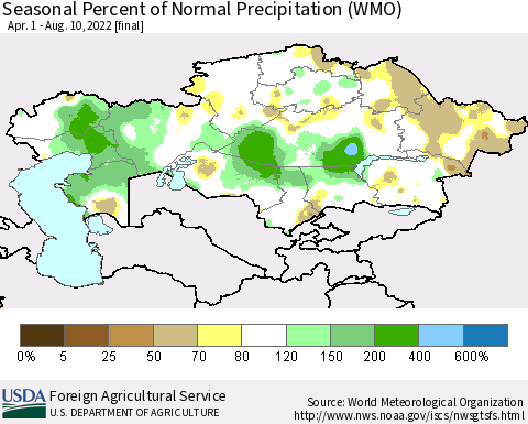 Kazakhstan Seasonal Percent of Normal Precipitation (WMO) Thematic Map For 4/1/2022 - 8/10/2022
