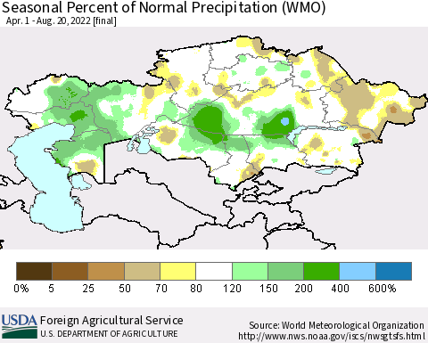 Kazakhstan Seasonal Percent of Normal Precipitation (WMO) Thematic Map For 4/1/2022 - 8/20/2022