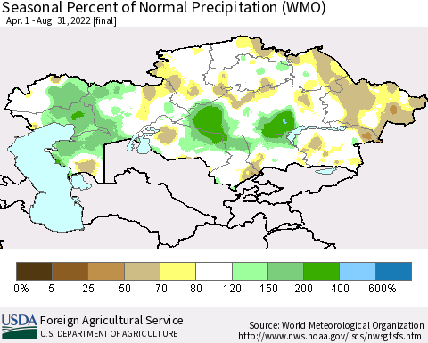 Kazakhstan Seasonal Percent of Normal Precipitation (WMO) Thematic Map For 4/1/2022 - 8/31/2022
