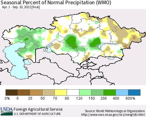 Kazakhstan Seasonal Percent of Normal Precipitation (WMO) Thematic Map For 4/1/2022 - 9/10/2022