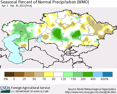 Kazakhstan Seasonal Percent of Normal Precipitation (WMO) Thematic Map For 4/1/2022 - 9/30/2022
