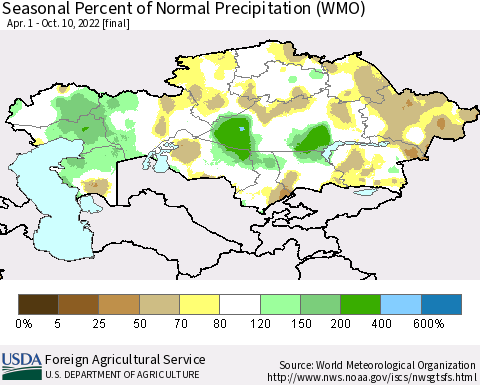 Kazakhstan Seasonal Percent of Normal Precipitation (WMO) Thematic Map For 4/1/2022 - 10/10/2022