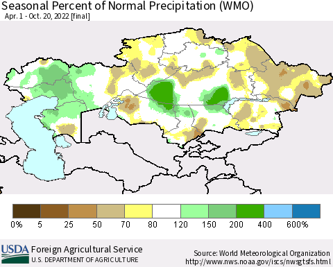 Kazakhstan Seasonal Percent of Normal Precipitation (WMO) Thematic Map For 4/1/2022 - 10/20/2022