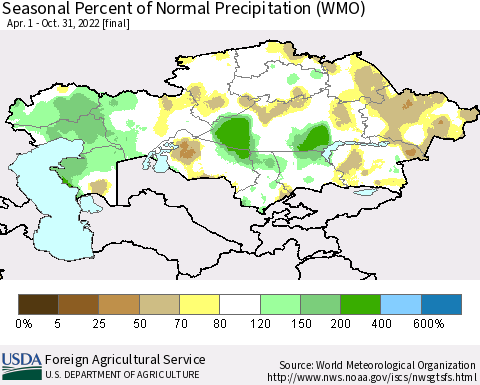 Kazakhstan Seasonal Percent of Normal Precipitation (WMO) Thematic Map For 4/1/2022 - 10/31/2022