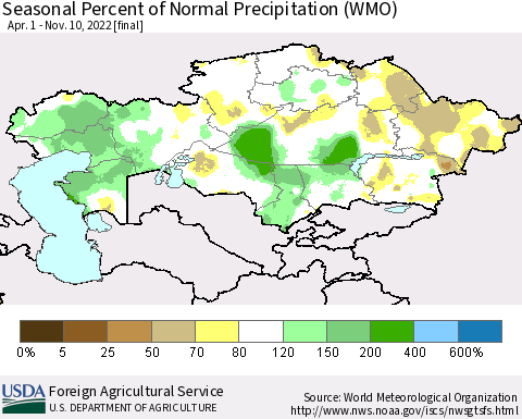 Kazakhstan Seasonal Percent of Normal Precipitation (WMO) Thematic Map For 4/1/2022 - 11/10/2022