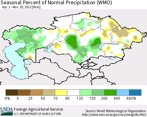 Kazakhstan Seasonal Percent of Normal Precipitation (WMO) Thematic Map For 4/1/2022 - 11/20/2022