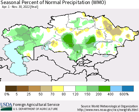 Kazakhstan Seasonal Percent of Normal Precipitation (WMO) Thematic Map For 4/1/2022 - 11/30/2022