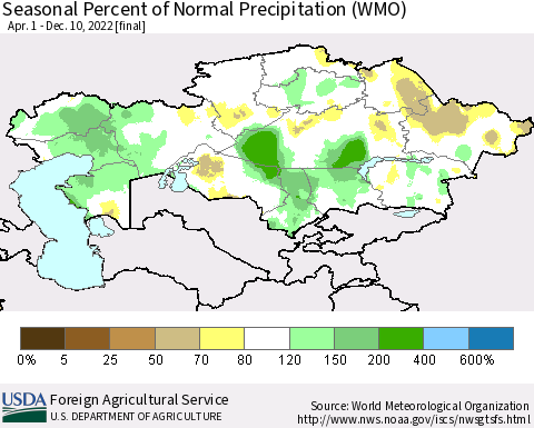 Kazakhstan Seasonal Percent of Normal Precipitation (WMO) Thematic Map For 4/1/2022 - 12/10/2022