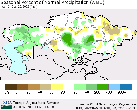 Kazakhstan Seasonal Percent of Normal Precipitation (WMO) Thematic Map For 4/1/2022 - 12/20/2022