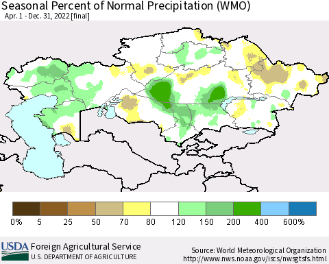 Kazakhstan Seasonal Percent of Normal Precipitation (WMO) Thematic Map For 4/1/2022 - 12/31/2022