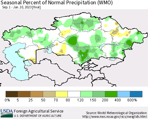 Kazakhstan Seasonal Percent of Normal Precipitation (WMO) Thematic Map For 9/1/2022 - 1/10/2023