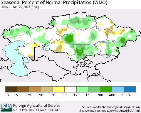 Kazakhstan Seasonal Percent of Normal Precipitation (WMO) Thematic Map For 9/1/2022 - 1/20/2023