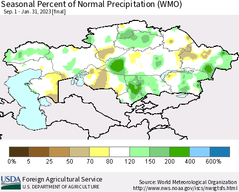 Kazakhstan Seasonal Percent of Normal Precipitation (WMO) Thematic Map For 9/1/2022 - 1/31/2023