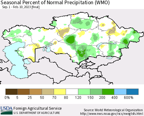 Kazakhstan Seasonal Percent of Normal Precipitation (WMO) Thematic Map For 9/1/2022 - 2/10/2023