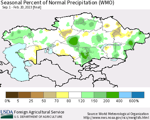 Kazakhstan Seasonal Percent of Normal Precipitation (WMO) Thematic Map For 9/1/2022 - 2/20/2023