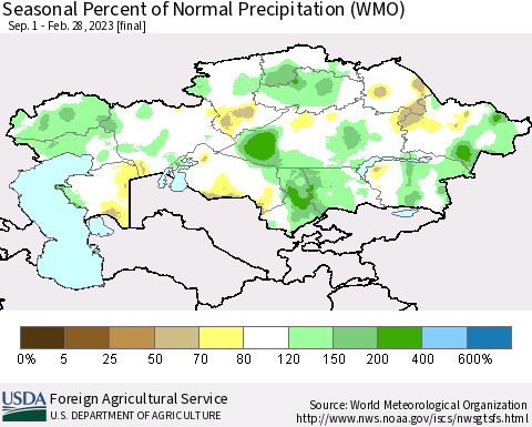 Kazakhstan Seasonal Percent of Normal Precipitation (WMO) Thematic Map For 9/1/2022 - 2/28/2023