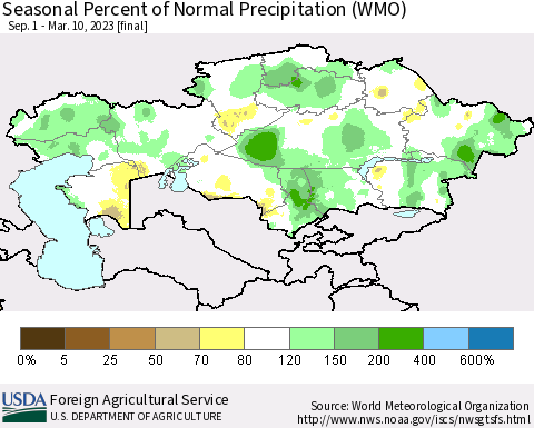 Kazakhstan Seasonal Percent of Normal Precipitation (WMO) Thematic Map For 9/1/2022 - 3/10/2023