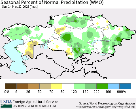 Kazakhstan Seasonal Percent of Normal Precipitation (WMO) Thematic Map For 9/1/2022 - 3/20/2023