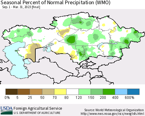 Kazakhstan Seasonal Percent of Normal Precipitation (WMO) Thematic Map For 9/1/2022 - 3/31/2023