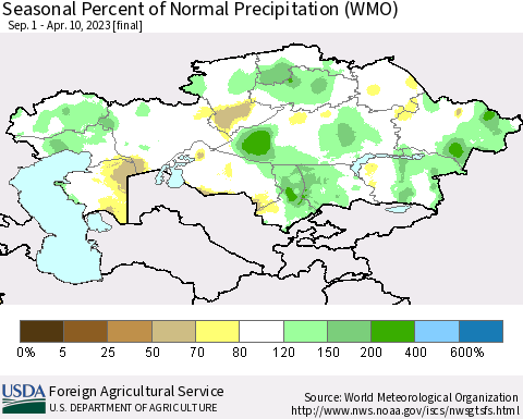 Kazakhstan Seasonal Percent of Normal Precipitation (WMO) Thematic Map For 9/1/2022 - 4/10/2023