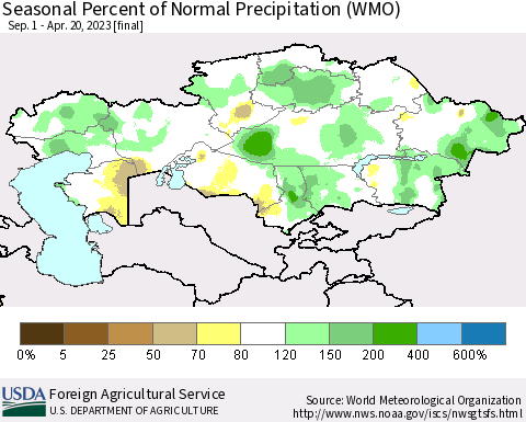 Kazakhstan Seasonal Percent of Normal Precipitation (WMO) Thematic Map For 9/1/2022 - 4/20/2023
