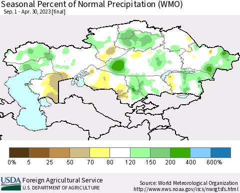 Kazakhstan Seasonal Percent of Normal Precipitation (WMO) Thematic Map For 9/1/2022 - 4/30/2023