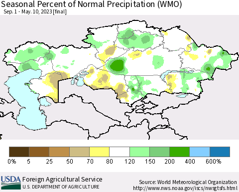 Kazakhstan Seasonal Percent of Normal Precipitation (WMO) Thematic Map For 9/1/2022 - 5/10/2023