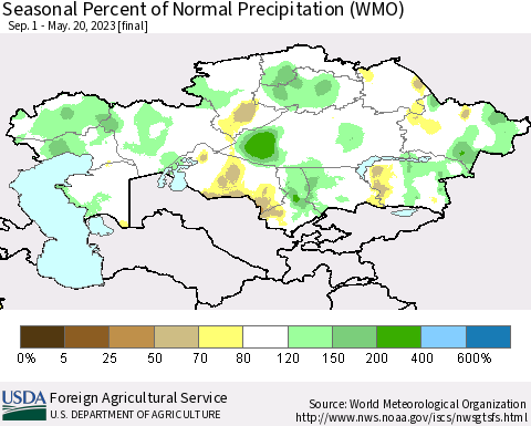 Kazakhstan Seasonal Percent of Normal Precipitation (WMO) Thematic Map For 9/1/2022 - 5/20/2023