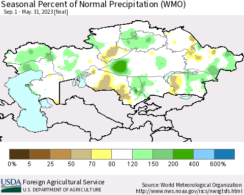 Kazakhstan Seasonal Percent of Normal Precipitation (WMO) Thematic Map For 9/1/2022 - 5/31/2023