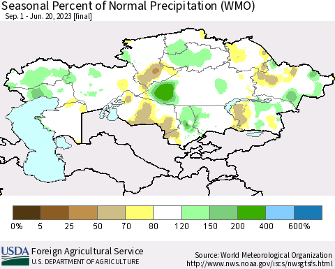 Kazakhstan Seasonal Percent of Normal Precipitation (WMO) Thematic Map For 9/1/2022 - 6/20/2023