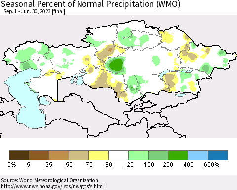 Kazakhstan Seasonal Percent of Normal Precipitation (WMO) Thematic Map For 9/1/2022 - 6/30/2023