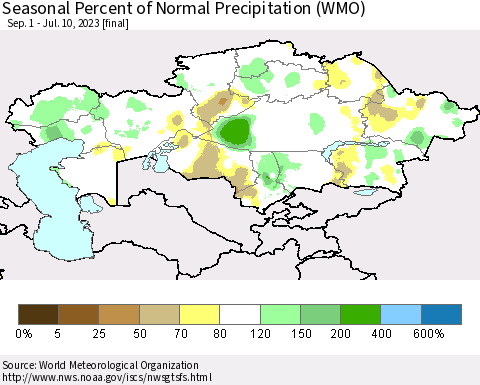 Kazakhstan Seasonal Percent of Normal Precipitation (WMO) Thematic Map For 9/1/2022 - 7/10/2023