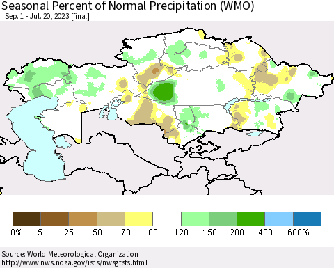 Kazakhstan Seasonal Percent of Normal Precipitation (WMO) Thematic Map For 9/1/2022 - 7/20/2023