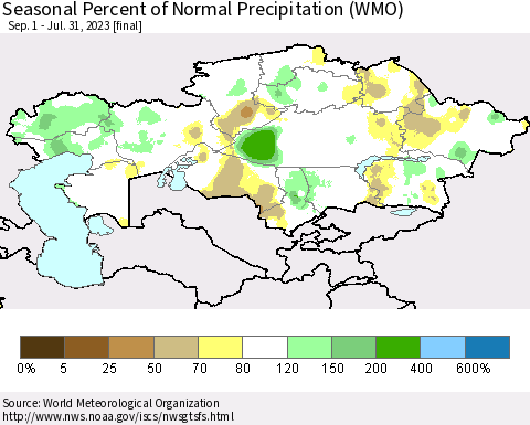 Kazakhstan Seasonal Percent of Normal Precipitation (WMO) Thematic Map For 9/1/2022 - 7/31/2023