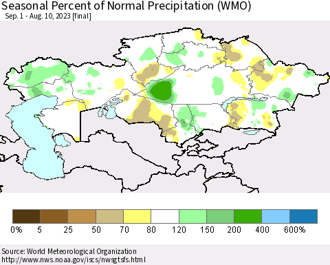 Kazakhstan Seasonal Percent of Normal Precipitation (WMO) Thematic Map For 9/1/2022 - 8/10/2023