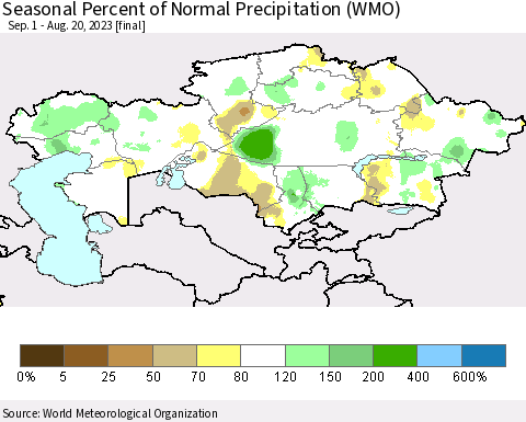 Kazakhstan Seasonal Percent of Normal Precipitation (WMO) Thematic Map For 9/1/2022 - 8/20/2023