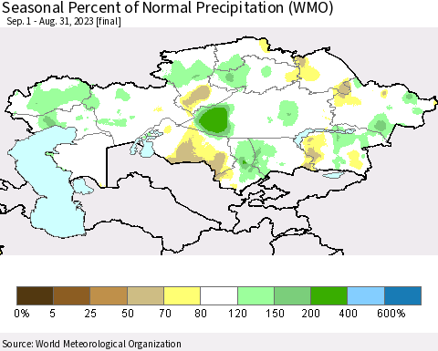 Kazakhstan Seasonal Percent of Normal Precipitation (WMO) Thematic Map For 9/1/2022 - 8/31/2023