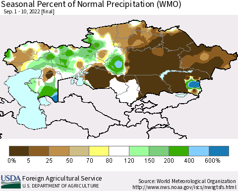 Kazakhstan Seasonal Percent of Normal Precipitation (WMO) Thematic Map For 9/1/2022 - 9/10/2022