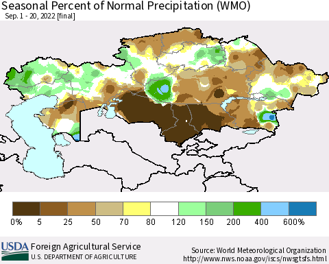 Kazakhstan Seasonal Percent of Normal Precipitation (WMO) Thematic Map For 9/1/2022 - 9/20/2022